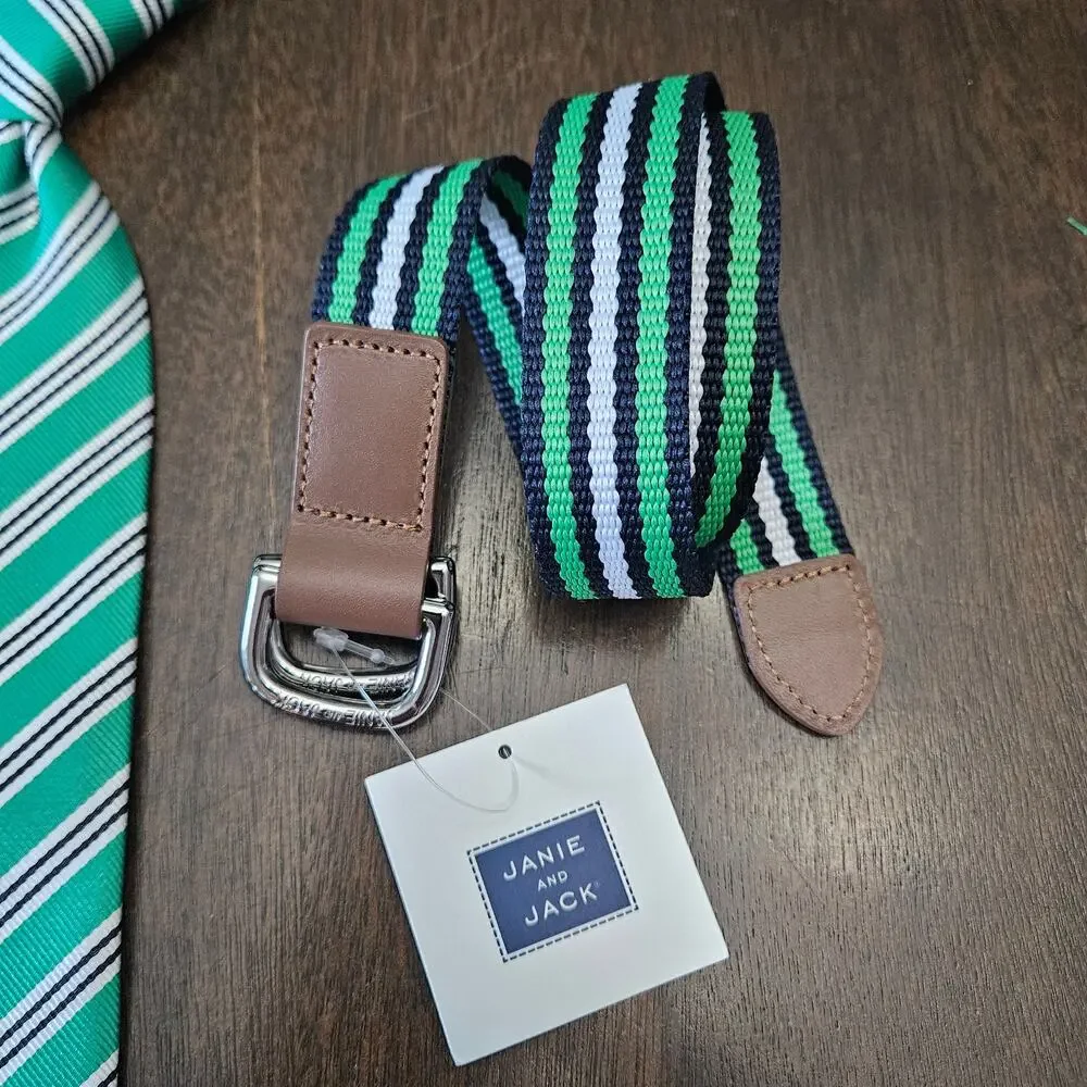 Janie and Jack Tie & Belt‎ Set Boys Size Up to 3 Green Navy Stripe NEW Preppy